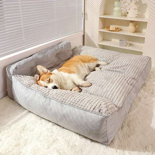 Cozy Striped Dog Bed Mat for All Seasons Non Slip Bottom Removable Washable Cover Soft Polyester Fiber Fill Rectangle Shape Gray Ideal for Small to Large Dogs Pet Comfort Accessory Elegant Pet Bedding Durable Design