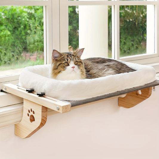 Adjustable Cat Window Perch and Hammock Durable Plastic Frame with Soft Fleece Lining Paw Print Cutouts for Indoor Cats Easy Install Wall Ceiling Mount for Windowsill Bedside Cabinet Large Cat Bed Pet Relaxation Spot