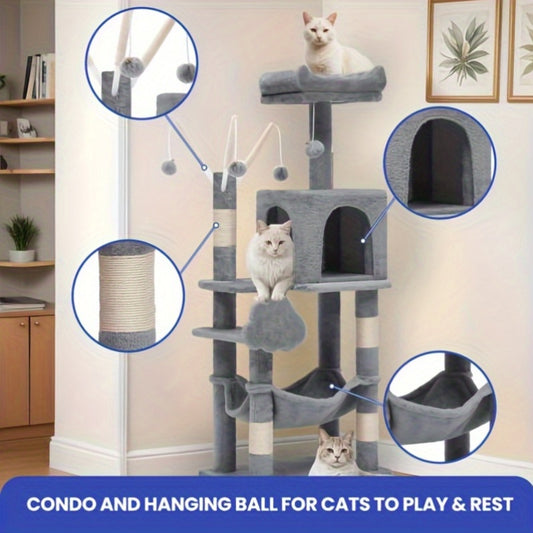 1pc YINTATECH Meowl Cat Tree Tower with Pompoms and Padded Platforms Multi Level Cat Condo with Scratching Posts and Hammock for Indoor Cats