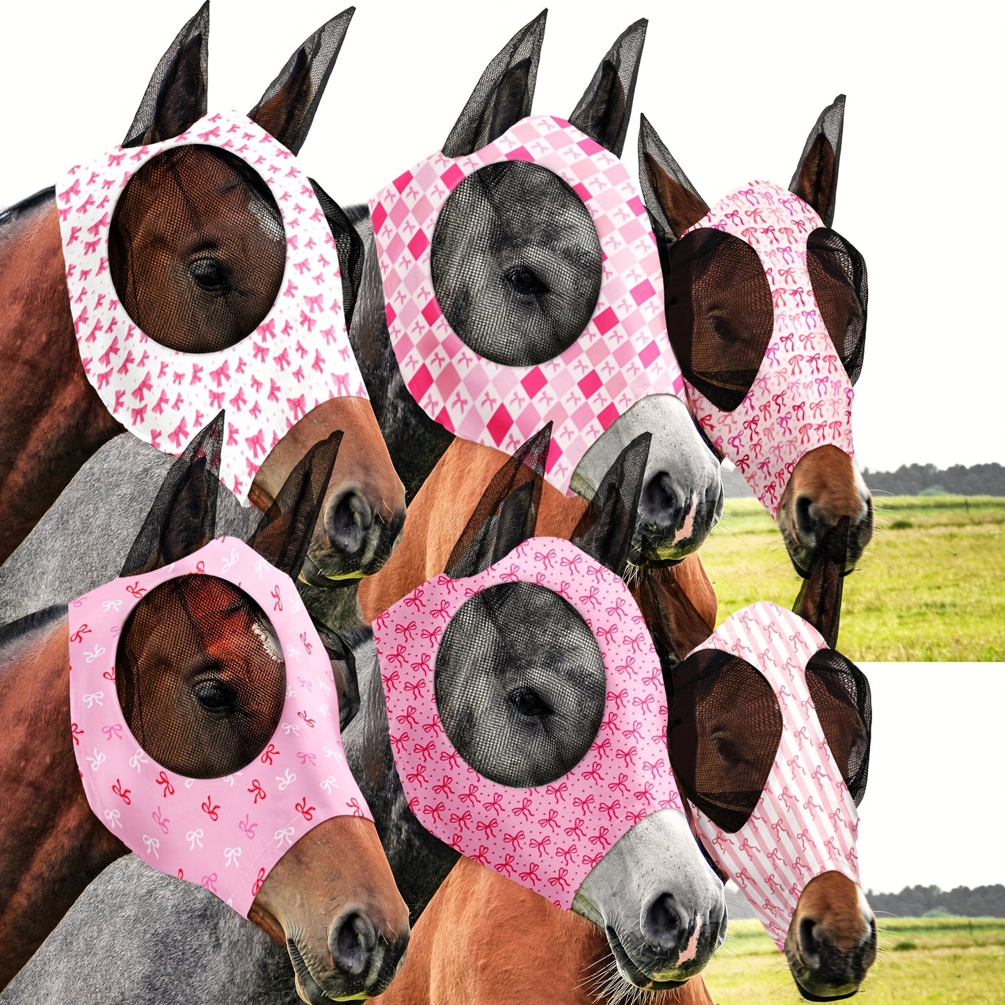 6 Pcs Horse Fly Masks with Ears Breathable Cashel Mesh UV Protection Elastic Comfort Fit Pink Bow Design for Riding Outdoor Protection Fly Mask for Horses Stable Accessories Feminine Equestrian Style Secure Coverage