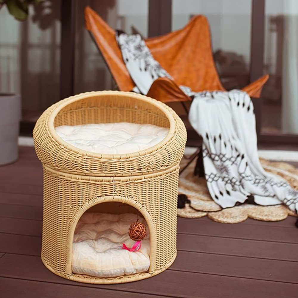 Washable Faux Rattan Double Layer Cat House with Removable Cushion Stain Resistant Elevated Cat Bed Two Story Villa Design for Indoor and Outdoor Use
