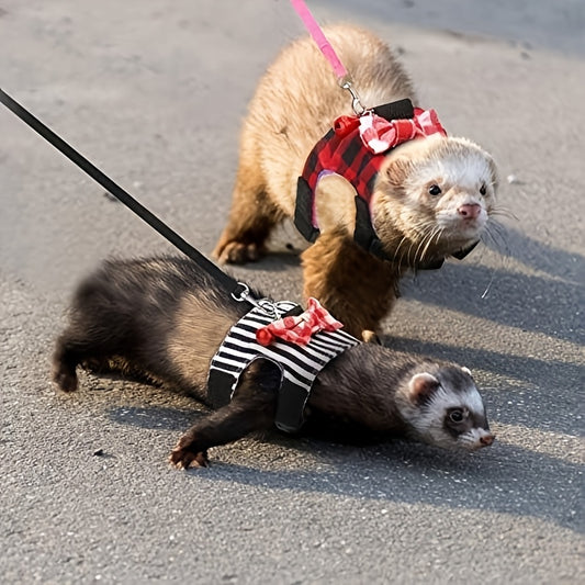 4pcs Small Pet Harness Vest and Leash Set with Cute Bowknot and Safe Bell for Outdoor Walking Rabbit Ferret Guinea Pig Bunny Hamster Puppy Kitten