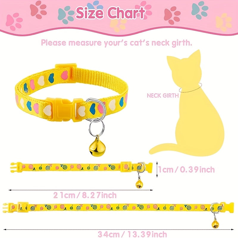 6 Piece Adjustable Breakaway Cat Collars with Bells Colorful Heart Patterns Safe Nylon Material Ideal for Kittens and Adult Cats Includes Pink Green Red Light Red Yellow Kitten Collars Stylish Cat Collar Durable Nylon