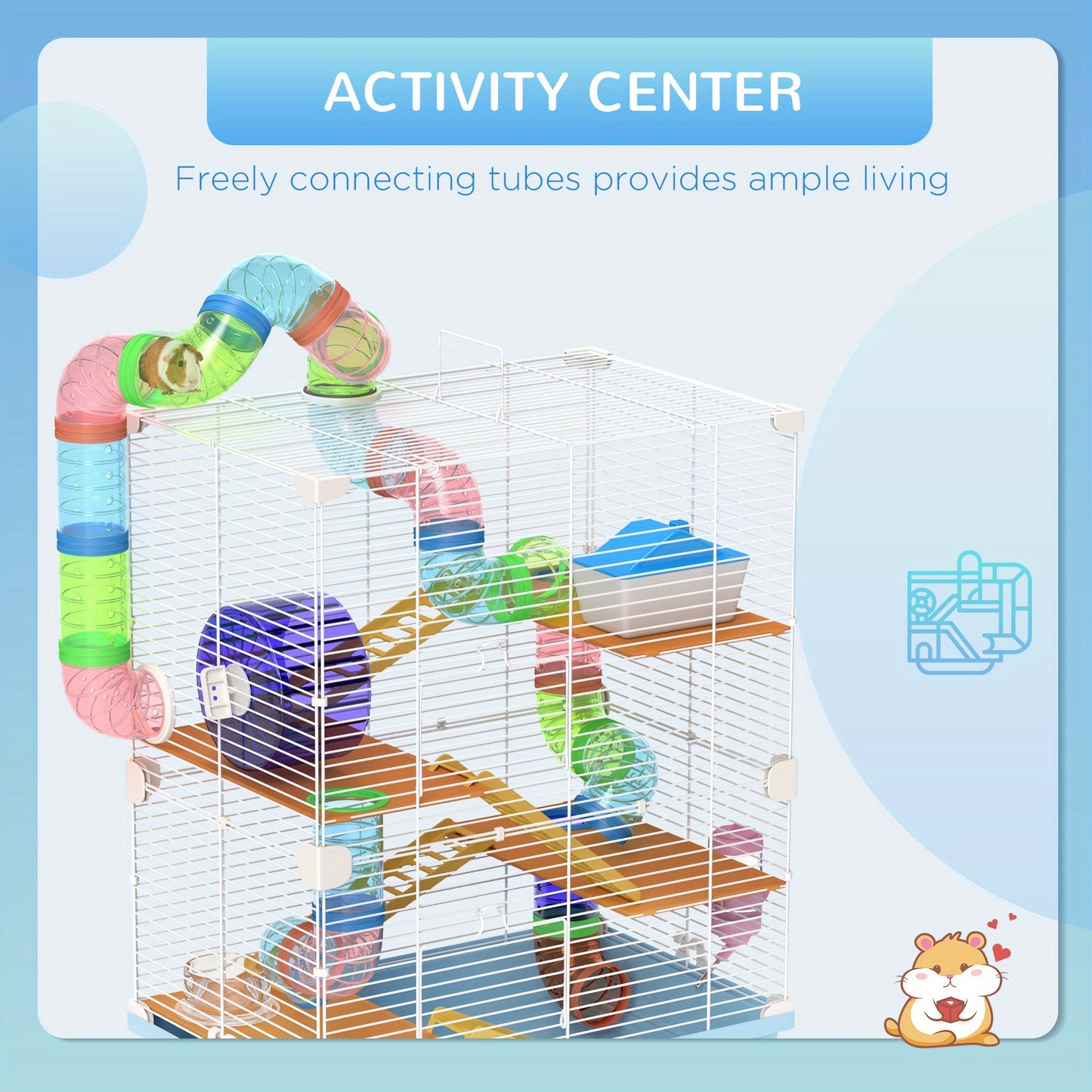 PawHut 18 Inch 5 Tier Hamster Cage with Tubes and Tunnels Small Animal Cage with Portable Carry Handle Gerbil Cage with Water Bottle Food Dish Exercise Wheel Light Blue