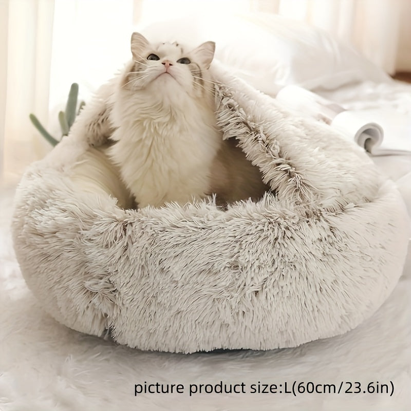 Cat Bed Cave Round Plush Fluffy Hooded Cozy Indoor Beds for Cats and Small Dogs Soothing Anti Anxiety Doughnut Bed Christmas Gift