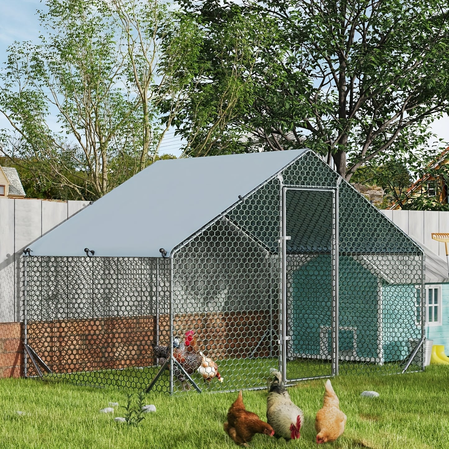 Large Metal Chicken Coop With Run Walk In Poultry Cage Dome Roofed Chicken Coops With Anti Ultraviolet Cover For Outdoor Backyard Farm