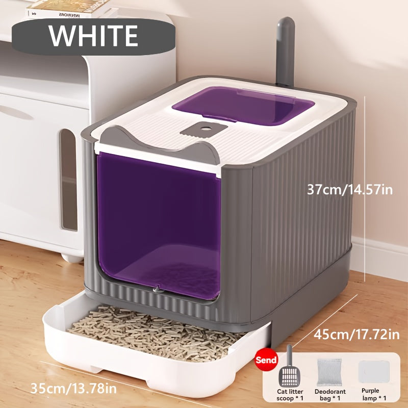 Large Capacity Cat Litter Box Odor Isolated Automatic Deodorization Drawer Style Splash Proof Cat Toilet Cleaning Supplies Includes Litter Shovel Deodorizer and Purifying Lamp Ideal Gift for Mom