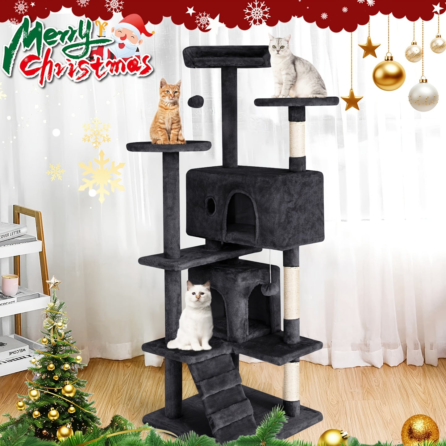 DOPINMIN 54 Inch Cat Tree Tower For Indoor Cats Multi Level Furniture Activity Center With Scratching Posts Stand House Condo Funny Toys Kittens Pet Play House Dark Gray