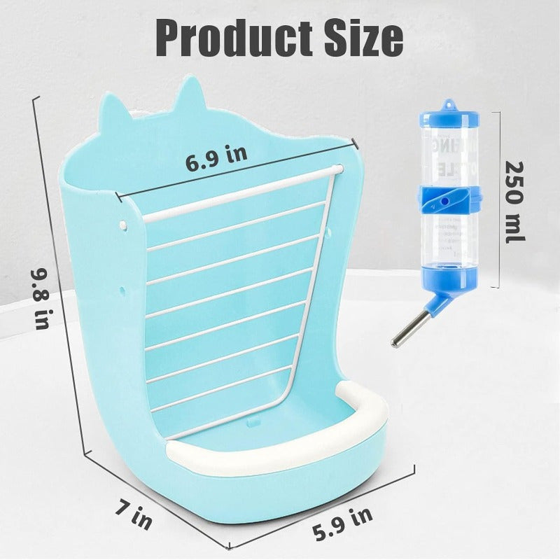 Rabbit Hay Feeder Rack with Bowl and Water Bottle for Grass and Food Blue