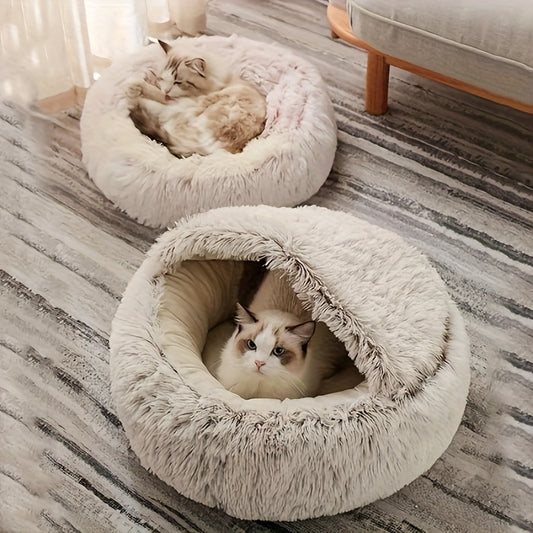 1pc Warm And Cozy Donut Shaped Pet Bed Plush Cat Bed With Hood Comfortable Indoor Bed For Cats And Small Dogs Suitable For Small And Medium Sized Pets