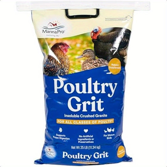 Manna Pro 25 Pound Chicken Grit Insoluble Crushed Granite Poultry Grit for Healthy Digestion All Classes of Poultry Chickens Ducks Turkeys Non Abrasive No Preservatives 25 Pound Bag for Backyard Flocks and Small Scale Poultry