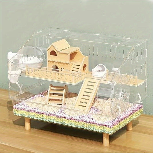 8 in 1 Acrylic Hamster Cage with All Accessories 2 Tier Transparent Habitat Top Open Detachable Design 18.5 x 11.8 x 14.6 Inch for Dwarf Hamsters Gerbils Mice Includes Wooden House Silent Wheel and Easy Assembly