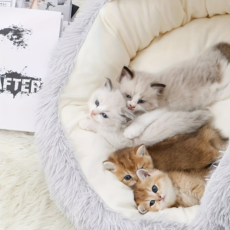 1pc Warm And Cozy Donut Shaped Pet Bed Plush Cat Bed With Hood Comfortable Indoor Bed For Cats And Small Dogs Suitable For Small And Medium Sized Pets