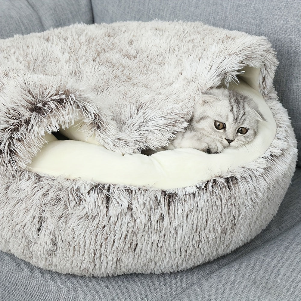 1pc Warm And Cozy Donut Shaped Pet Bed Plush Cat Bed With Hood Comfortable Indoor Bed For Cats And Small Dogs Suitable For Small And Medium Sized Pets