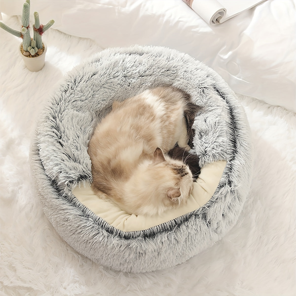 Cat Bed Cave Round Plush Fluffy Hooded Cozy Indoor Beds for Cats and Small Dogs Soothing Anti Anxiety Doughnut Bed Christmas Gift