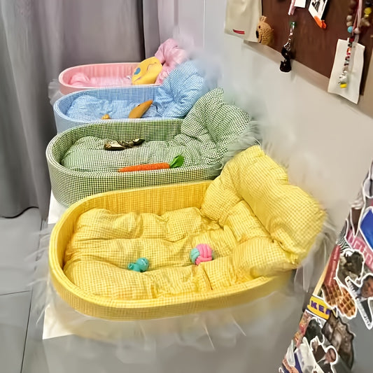 All Season Pet Bed for Dogs and Cats Checkered Small Bed with Soft Plush Fabric Washable and Detachable Pet Mat Non Sticky to Fur Easy to Clean Ruffle Details Cozy Sleeping for Indoor Cats and Small Dogs