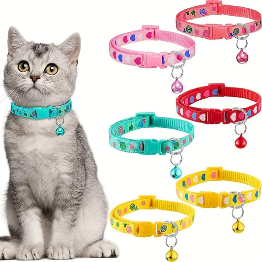 6 Piece Adjustable Breakaway Cat Collars with Bells Colorful Heart Patterns Safe Nylon Material Ideal for Kittens and Adult Cats Includes Pink Green Red Light Red Yellow Kitten Collars Stylish Cat Collar Durable Nylon